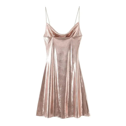 Summer Women Shinning Metallic Color Sling Mini Dress Female Chic Pleat Design Casual Slim Party Vestidos DS5000
