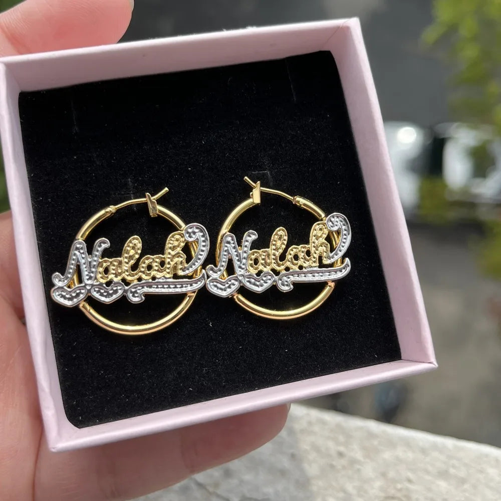DUOYING Custom Name Hoop Earring Personalized 25mm Nameplate Double Color Earring With Heart Jewelry For Kids