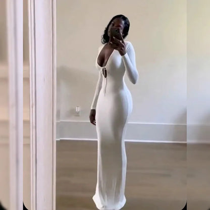 Trendy Solid Color Slim Long Dresses Women Sexy Deep V-neck Hollow Out Leace-up Package Hip Bodycon Party Dress Female Vestidos