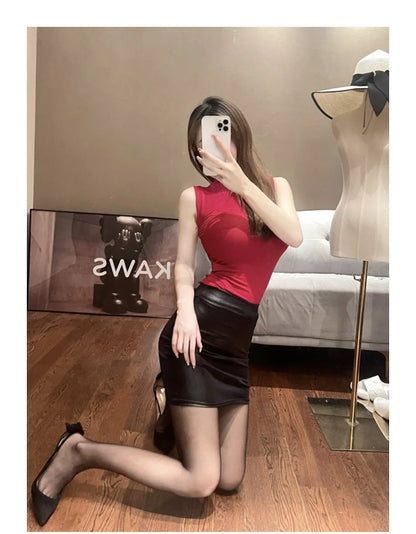 Matte Leather Slim Mini Skirt High Waist Sexy Fashion Imitation PU Leather Skirt Short Korean Nightclub Streetwear for Women