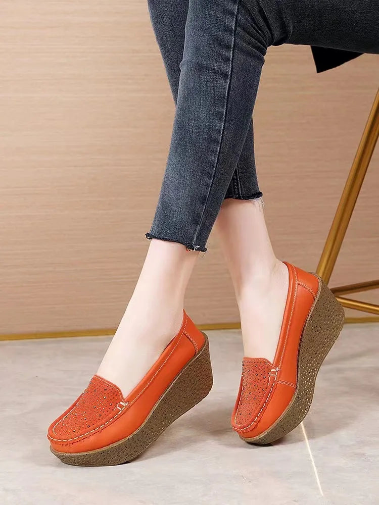 2025 Women Loafers Casual Wedges Shoes Slip on Platform Women's Middle-aged Mom Shoes Pu Leather Solid Moccasins Flats for Women