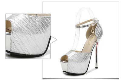 Super High Heels 14cm Fashion Wrinkled Leather Shoes Women Sandals Summer Peep Toe Sexy Platform Metal Buckle Female Pumps Party