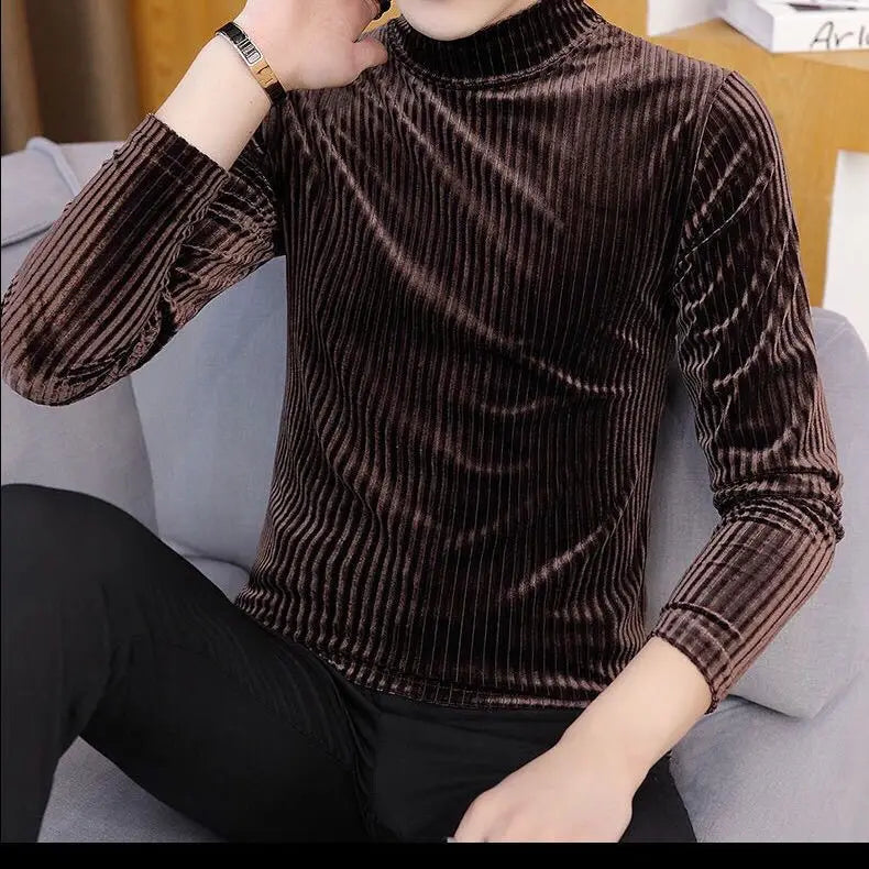 Fashion Men's Autumn Winter Luxury Clothing Heat Keep Warm Casual T-Shirt Mock Neck Tops Stripe Long Sleeve Gold Velvet T-Shirts