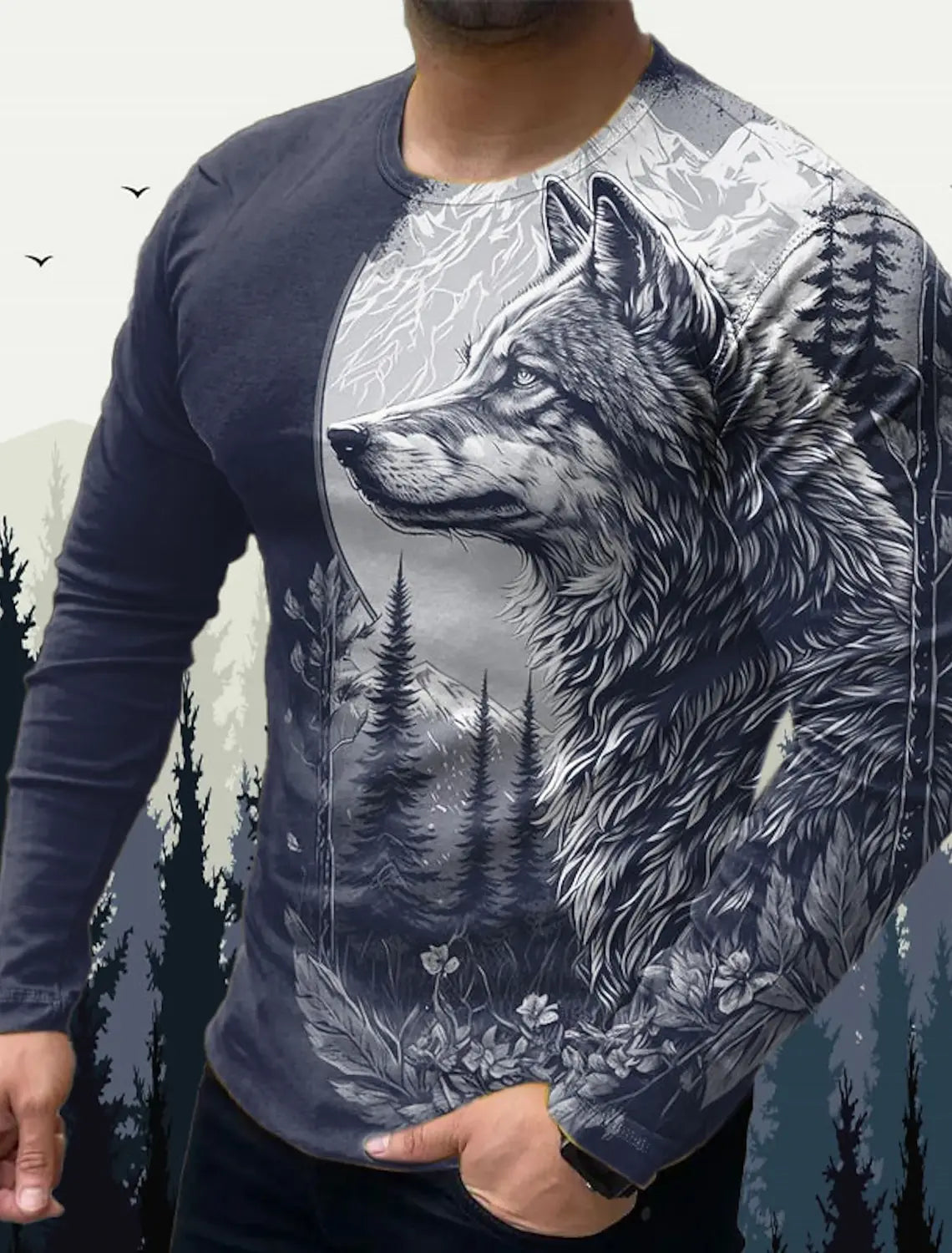 Men's T shirt Tee Animal Wolf Crew Neck Clothing Apparel 3D Print Outdoor Halloween Long Sleeve Print Vintage Fashion Designer