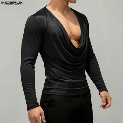 INCERUN Men T Shirt Satin Patchwork Long Sleeve Casual Male Tee Tops Streetwear 2026 Pleated Fashion Party Leisure Men Clothing