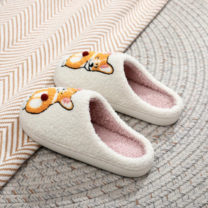 Plush Dog Slippers Fuzzy Indoor Slippers Anti Slip Closed Toe Slippers Comfortable Funny Corgi Dog Slippers for Indoor Bedroom
