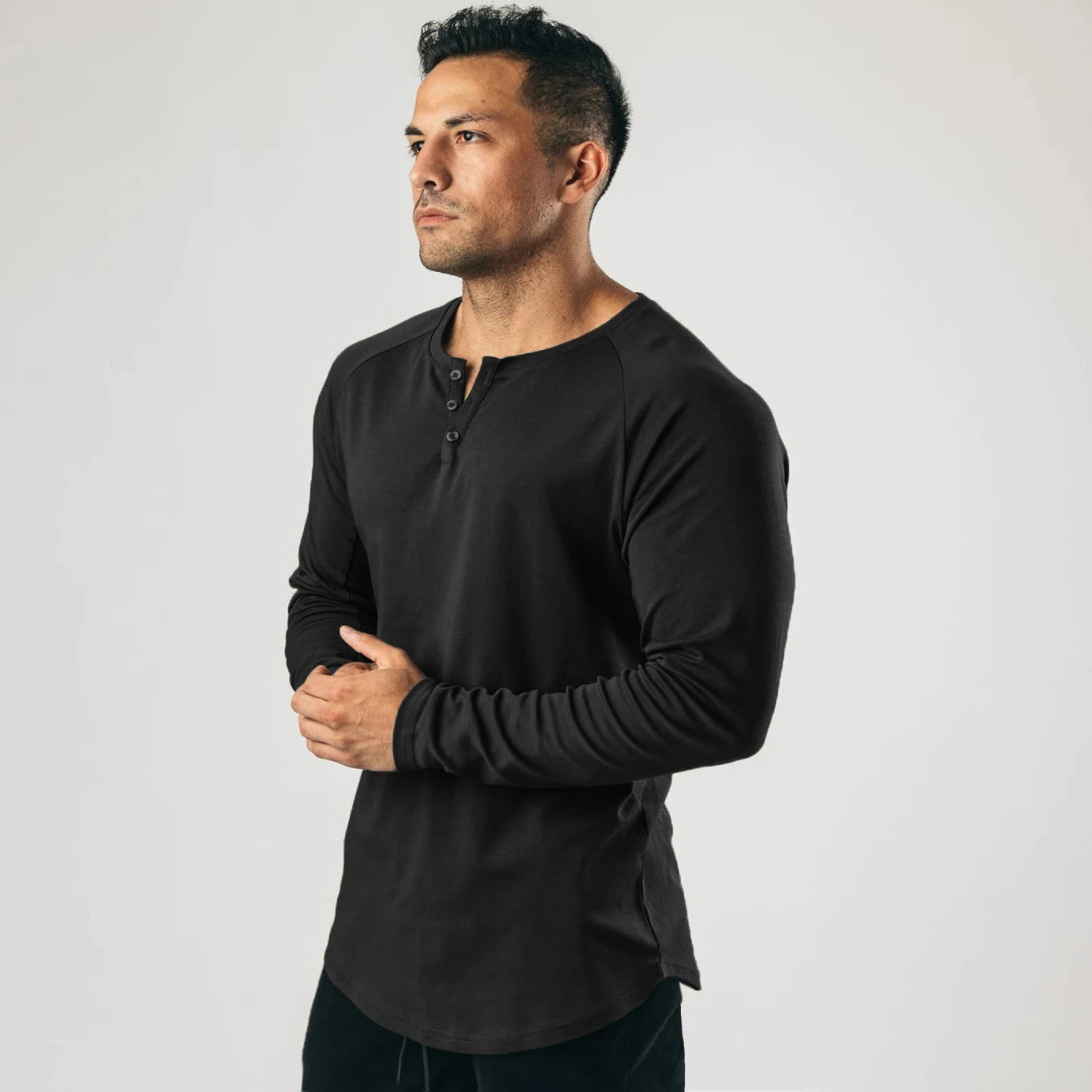 Men Muscle Shirt Long Sleeve T-shirt Solid Vintage Henley Shirts Sports Fitness Casual Cotton Stretch Thin V-neck Tee