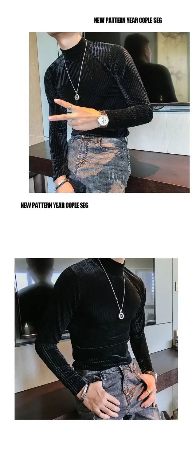 Fashion Men's Autumn Winter Luxury Clothing Heat Keep Warm Casual T-Shirt Mock Neck Tops Stripe Long Sleeve Gold Velvet T-Shirts