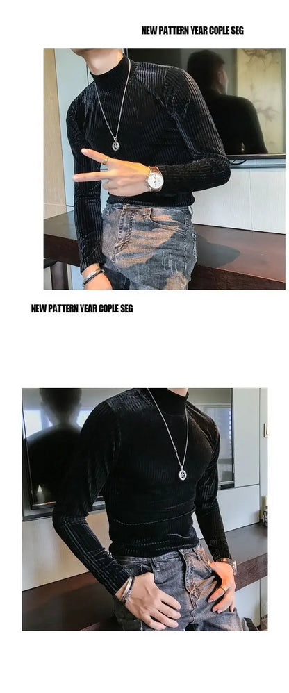 Fashion Men's Autumn Winter Luxury Clothing Heat Keep Warm Casual T-Shirt Mock Neck Tops Stripe Long Sleeve Gold Velvet T-Shirts