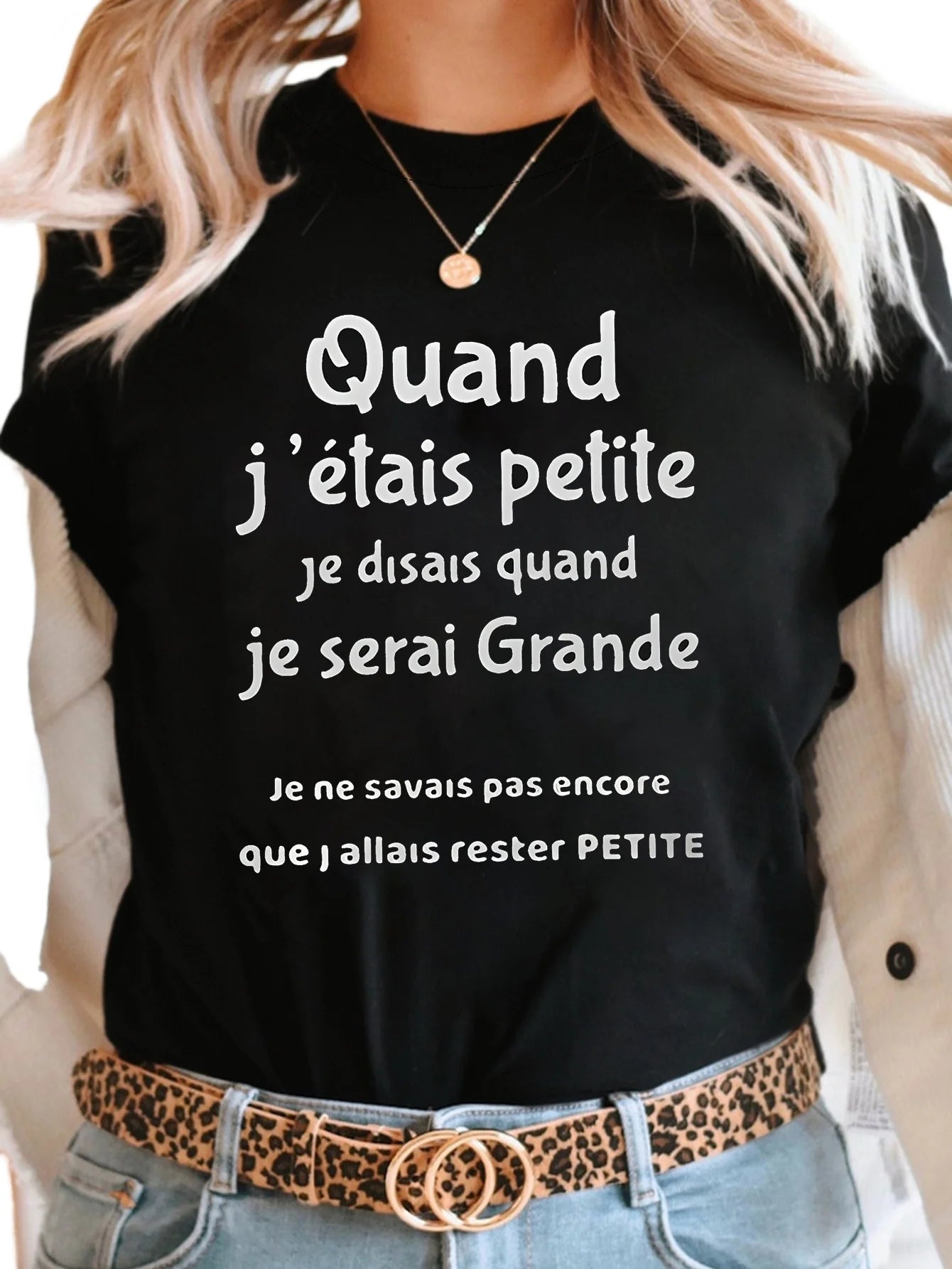 Quand J Etais Petite Letter Print Women's T-shirt Short Sleeve Crew Neck Casual Top for Summer & Spring Women's Y2k Clothing