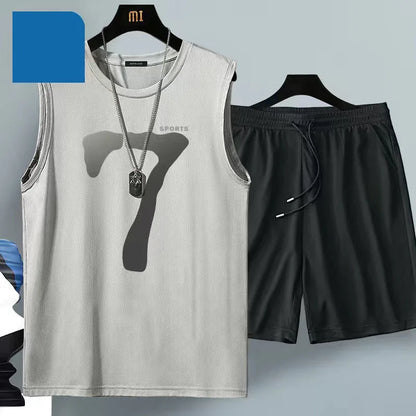 Summer men's clothing sleeveless basketball suit street casual sportwear 2 piece breathable short sleeve Tshirt + jogging shorts