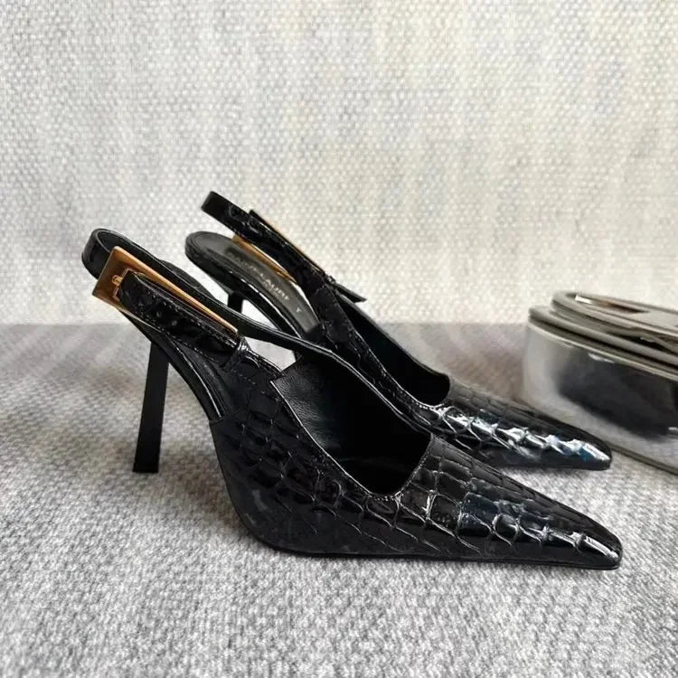 Patent leather high heels Women 2024 new gold with one-line sandals pointy skinny heels party women's shoes