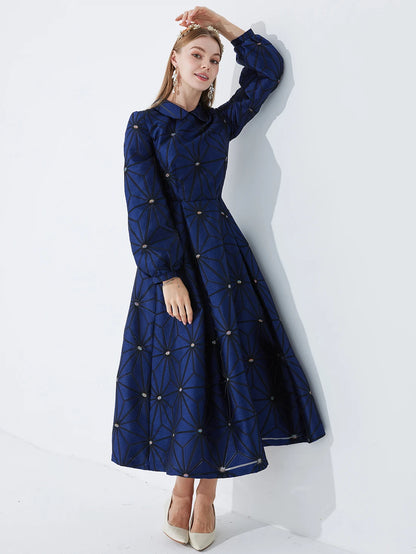 Navy Geometric Jacquard Dress with Puff Sleeves Fitted Waist and Flared Hem — Light Luxury Banquet or Wedding Gown