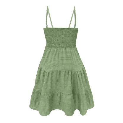 Bohemian Beach Sundress Women Sexy Sleeveless Backless Big Swing Mini Dress Solid Spaghetti Strap Ruffles Dress Summer Vestidos