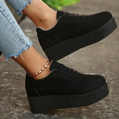 Plus Size Chunky Heel Sneakers Women Spring Autumn Lace Up Black Sneakers Woman Faux Suede Platform Vulcanize Shoes Female