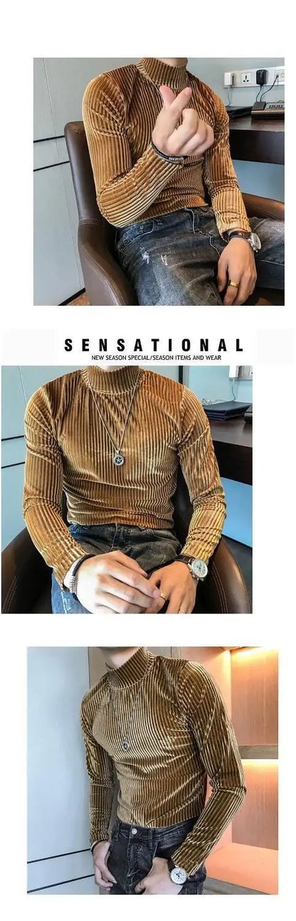 Fashion Men's Autumn Winter Luxury Clothing Heat Keep Warm Casual T-Shirt Mock Neck Tops Stripe Long Sleeve Gold Velvet T-Shirts