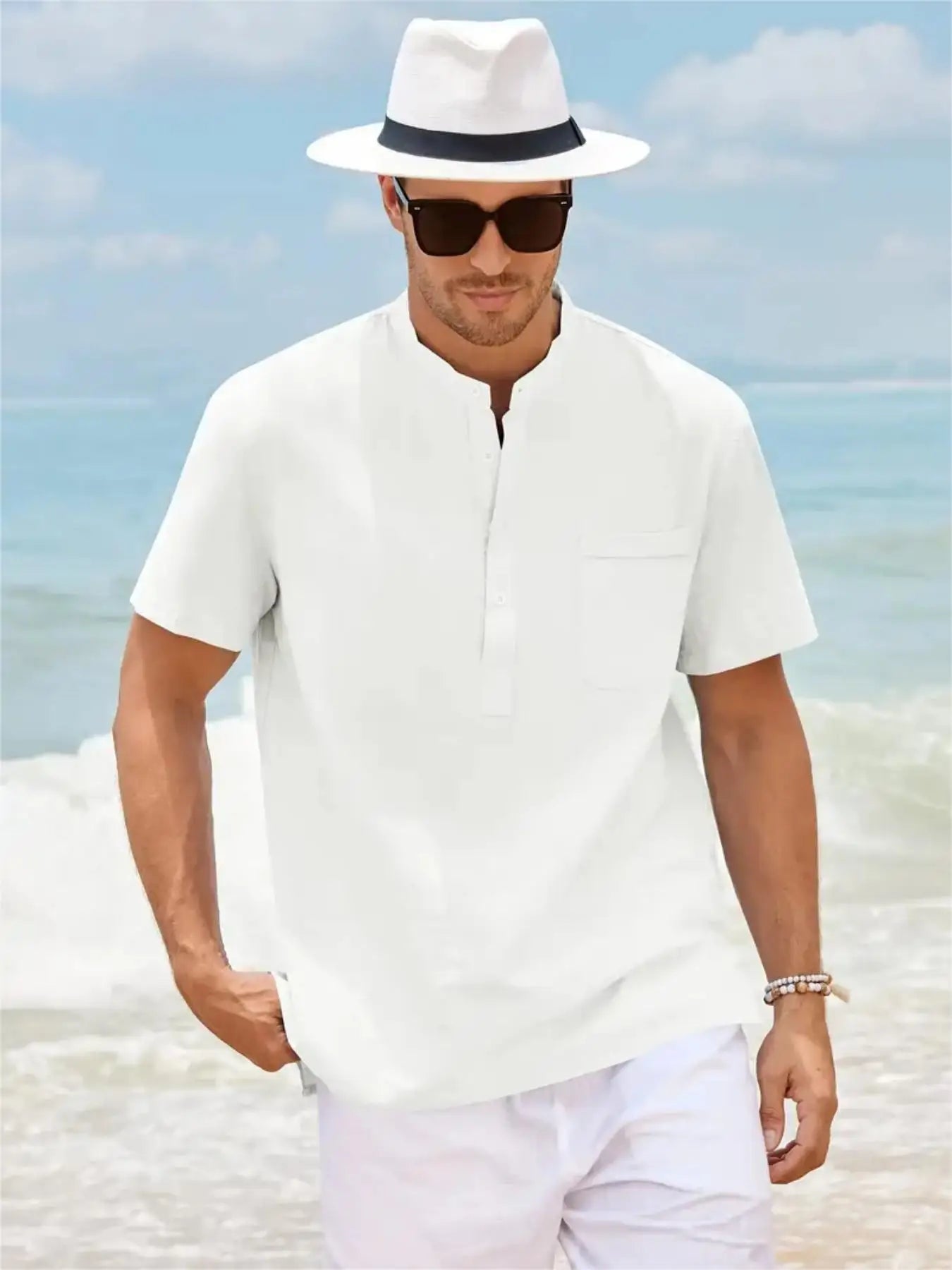 Men's Plus Size Cotton Linen Shirt with Pocket Casual Polo Shirt  Short Sleeve Shirts  Summer Lightweight Beach Tops