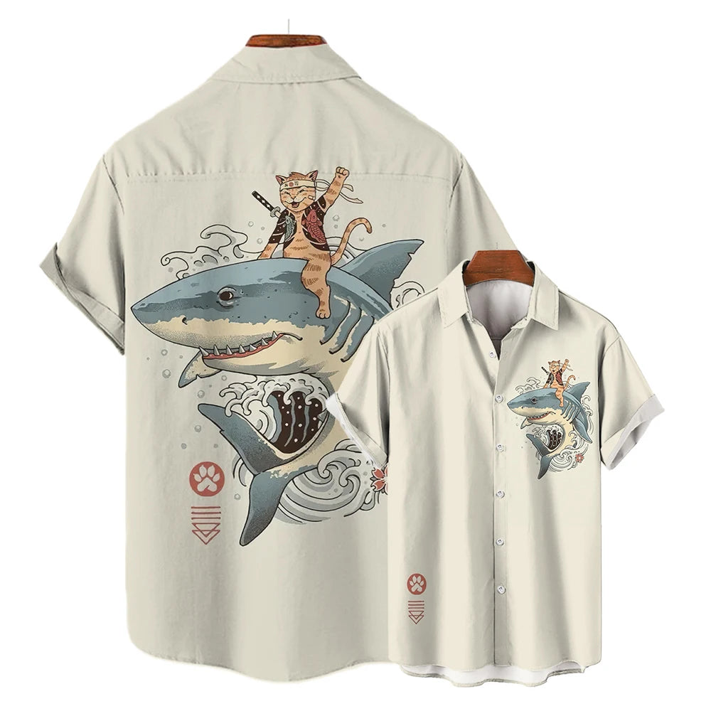 Casual Hawaiian Shirt Man Japanese Bushido 3d Pattern Shirt Men's Shirts Cartoon Animal Cat 3d Printing Men's Shirt Men Clothing