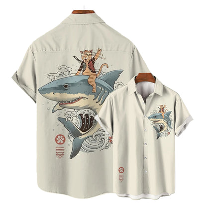 Casual Hawaiian Shirt Man Japanese Bushido 3d Pattern Shirt Men's Shirts Cartoon Animal Cat 3d Printing Men's Shirt Men Clothing