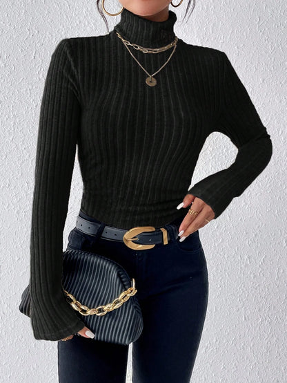 Autumn and winter high-neck solid color casual and elegant long-sleeved brushed pit knitted T-shirt top