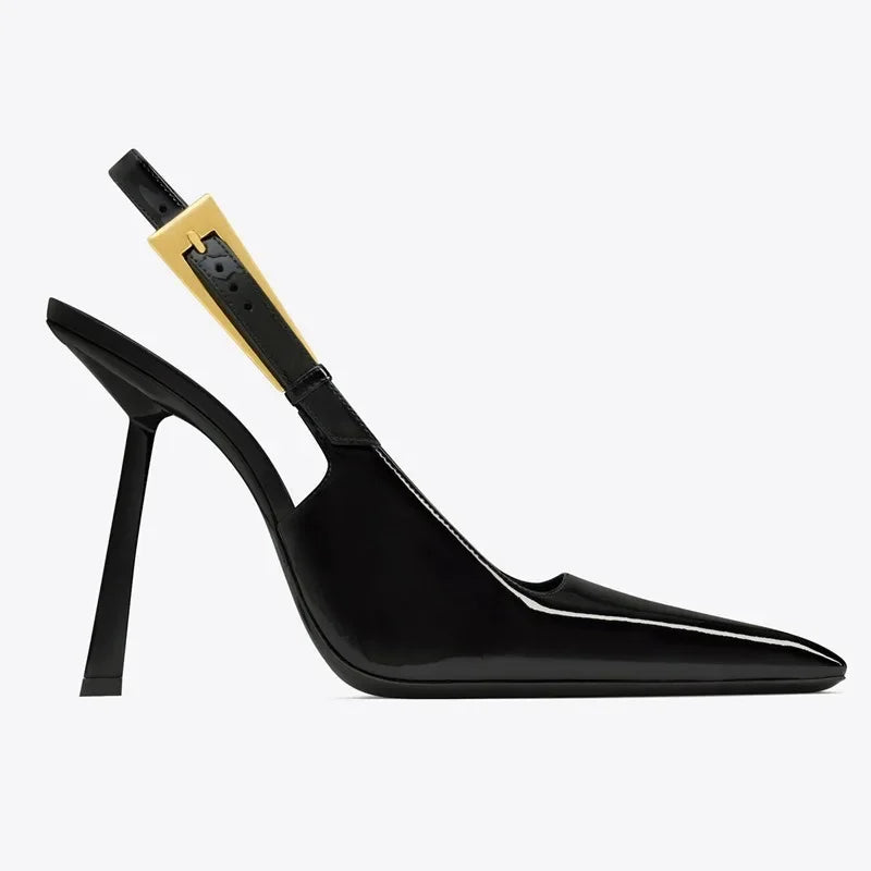 Elegant Fashionable Black Pointed Toe Thin Heel Single Shoes Patent Leather Buckle High Heels Stylish Luxurious