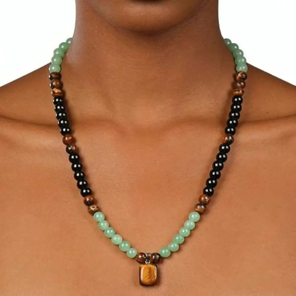 Tiger Eye Long Chain Necklace Bring Good Luck Green Aventurine Beaded Necklace Protection Beaded Long Chain Pendant Necklace