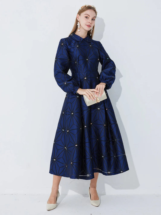 Navy Geometric Jacquard Dress with Puff Sleeves Fitted Waist and Flared Hem — Light Luxury Banquet or Wedding Gown