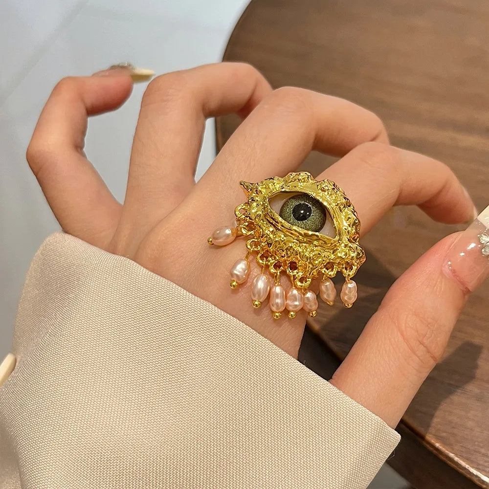 Jewelry Vintage Devil's Eye Ring Delicate Imitated Pearl Glaze Ring Tassels Exaggerated Opening Finger Ring Party Favors