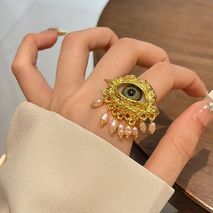 Jewelry Vintage Devil's Eye Ring Delicate Imitated Pearl Glaze Ring Tassels Exaggerated Opening Finger Ring Party Favors