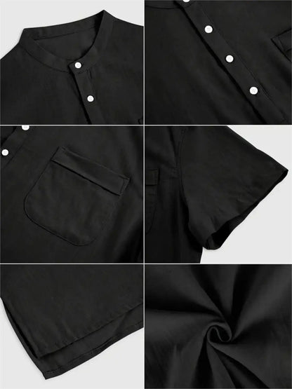 Men's Plus Size Cotton Linen Shirt with Pocket Casual Polo Shirt  Short Sleeve Shirts  Summer Lightweight Beach Tops
