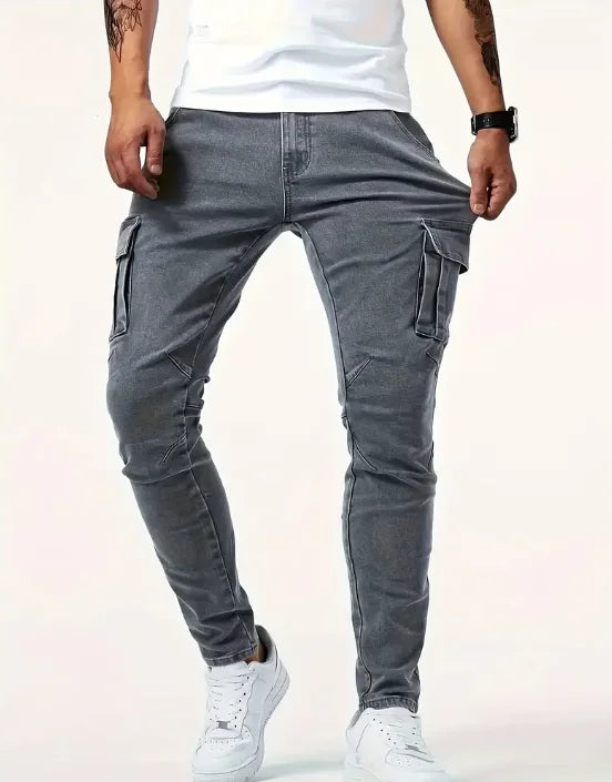 Men's workwear multi pocket jeans, casual street style straight leg denim pants
