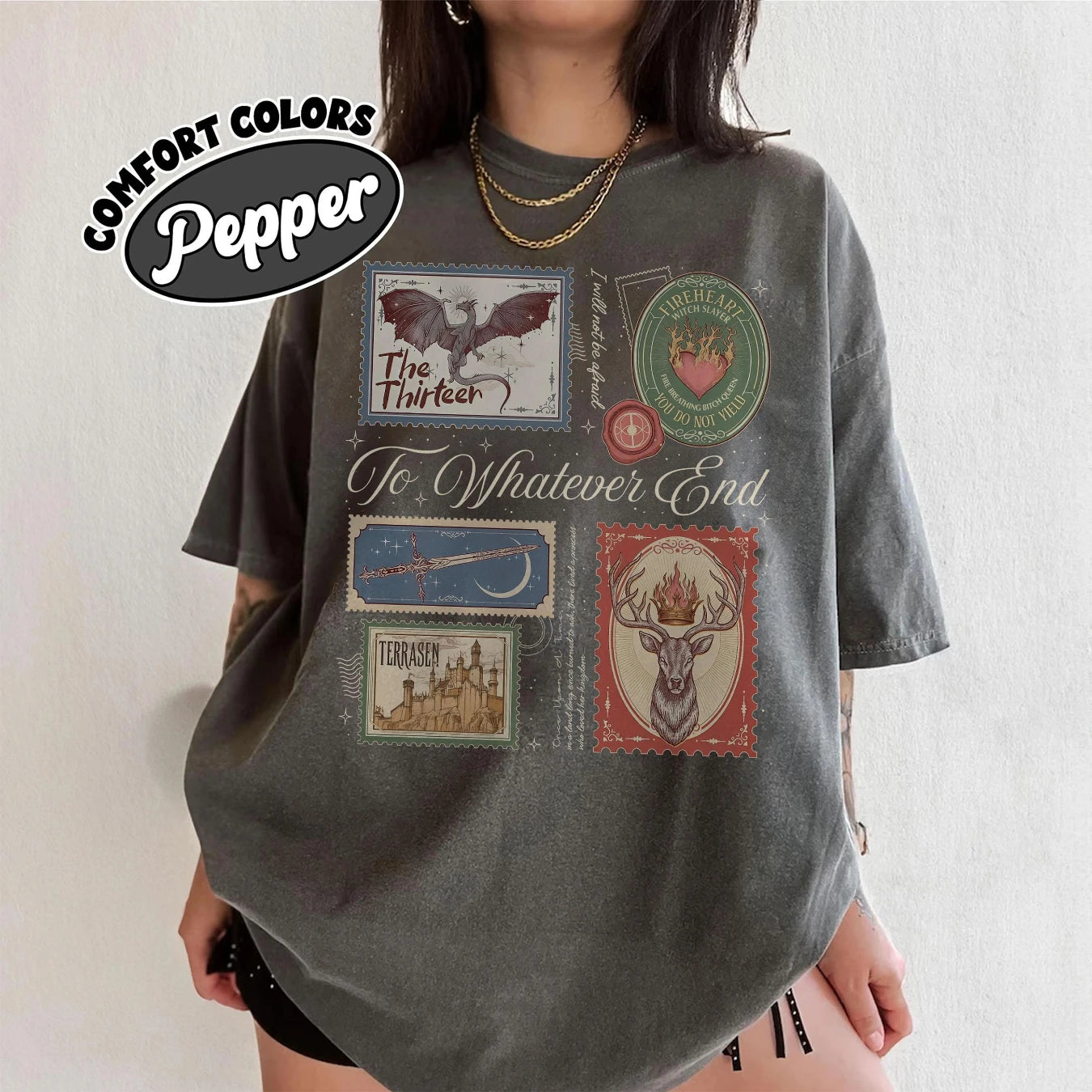 TOG Book Stamps Comfort Colors Shirt Terrasen The Thirteen Tee Aelin Fireheart Top Throne of Glass Series Fantasy Reading
