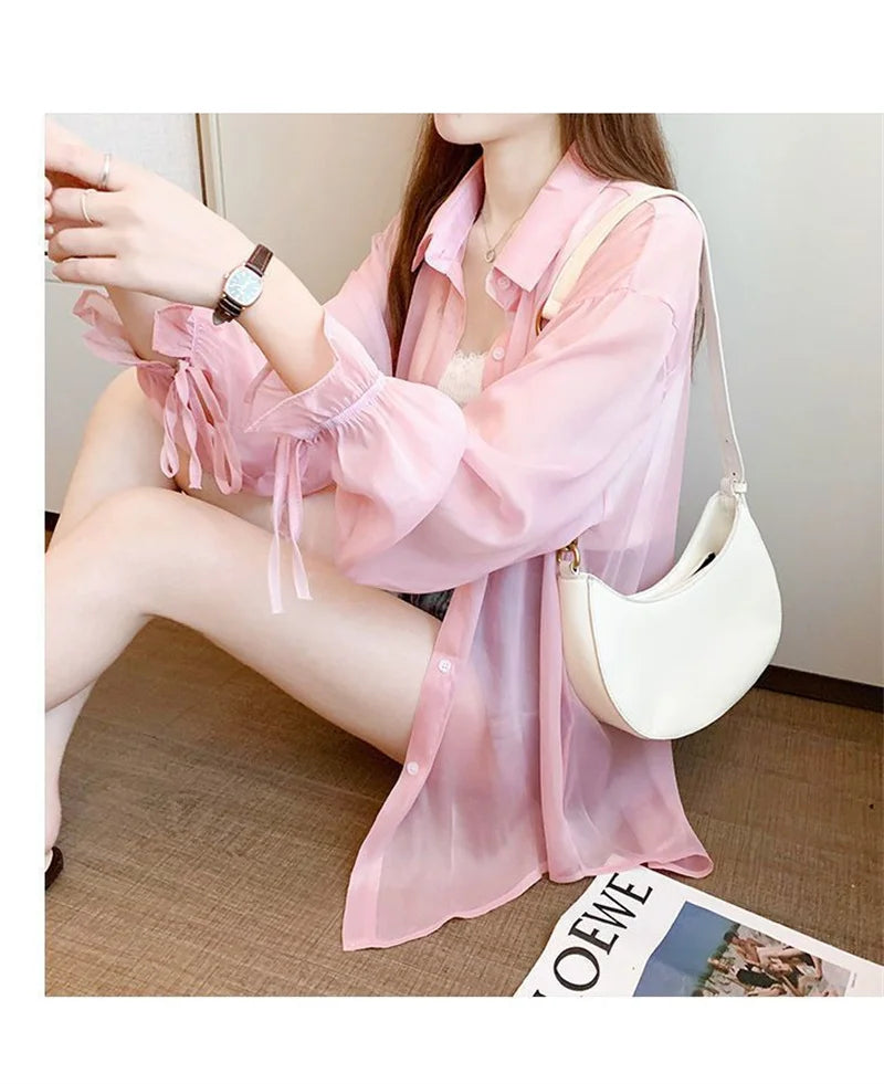 Chiffon Women Thin Shirts Summer Perspective Solid Korean Sun Shirt Long Sleeve Fashion Korean Ladies Top New Sunscreen Clothing