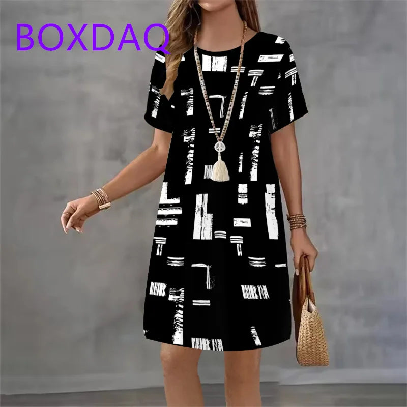 Geometric Stripe Printing Dress For Women Summer Sundress Loose Casual Short Sleeve O-Neck A-Line Dress Women Beach Mini Dresses