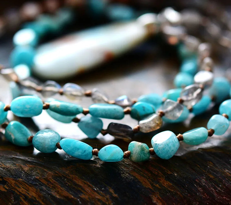 Women Necklace Random Shape Labradorite Onyx Amazonite Pendant Necklaces Lariat Beads Knotted Bohemia Neck Chain Dropship