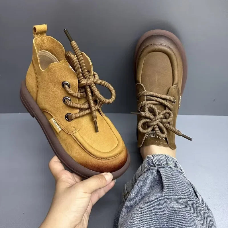 Flat Shoes Women's Genuine Leather Round Toe Stitched Lace Up Thick Sole Women's Low Heel Shoes Handmade Large Size