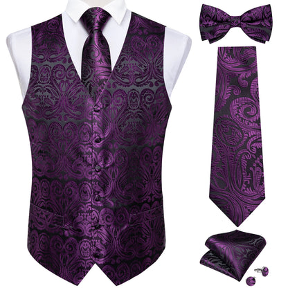 Men's Black Solid Paisley Suit Vest with Necktie Bow Tie Handkerchief Cufflinks Formal Waistcoat for Wedding Prom Tuxedo