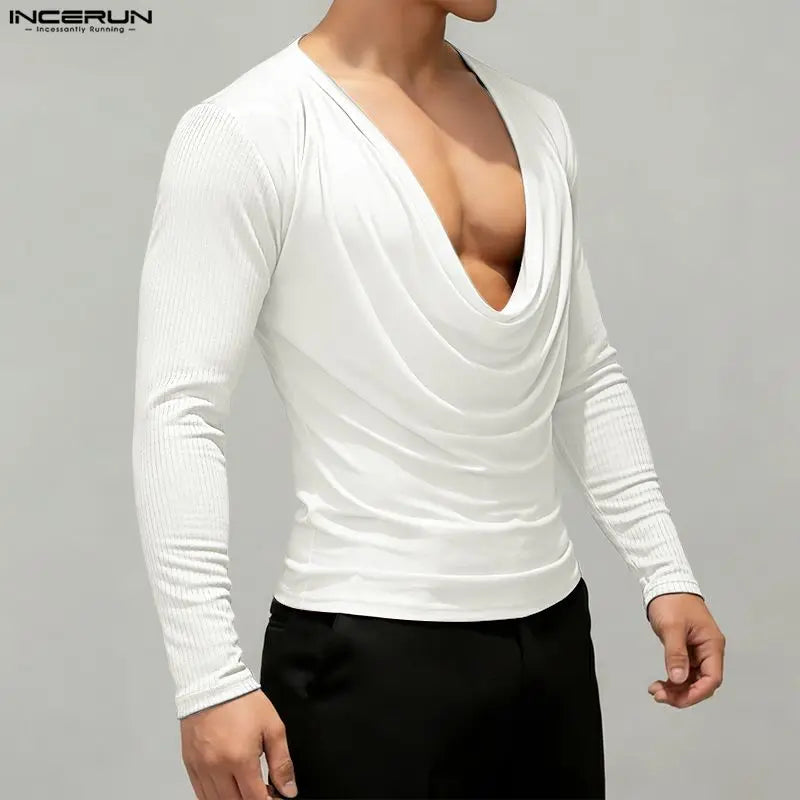 INCERUN Men T Shirt Satin Patchwork Long Sleeve Casual Male Tee Tops Streetwear 2026 Pleated Fashion Party Leisure Men Clothing