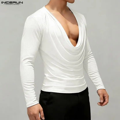INCERUN Men T Shirt Satin Patchwork Long Sleeve Casual Male Tee Tops Streetwear 2026 Pleated Fashion Party Leisure Men Clothing