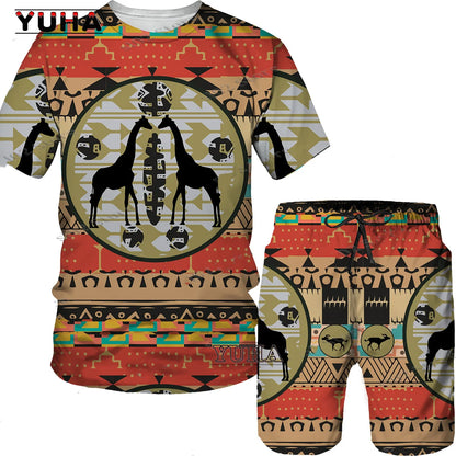 YUHA,3D Printed Men T-shirt Shorts Set 2pc Hip Hop Style Short Sleeve O-neck Summer African Folk-custom Pattern Men's Clothing S