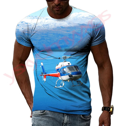 Summer Helicopter Pattern  Men's T-shirt Hip Hop 3D Print Personality   Neck Short Sleeve  Fashion Clothes