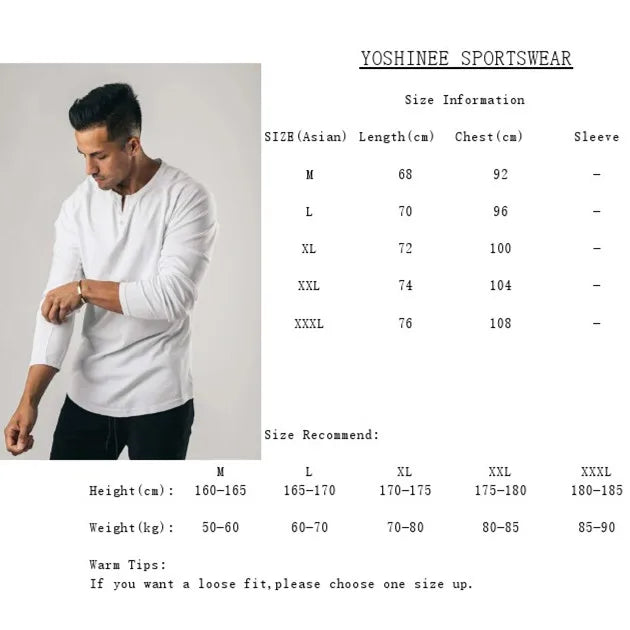 Men Muscle Shirt Long Sleeve T-shirt Solid Vintage Henley Shirts Sports Fitness Casual Cotton Stretch Thin V-neck Tee