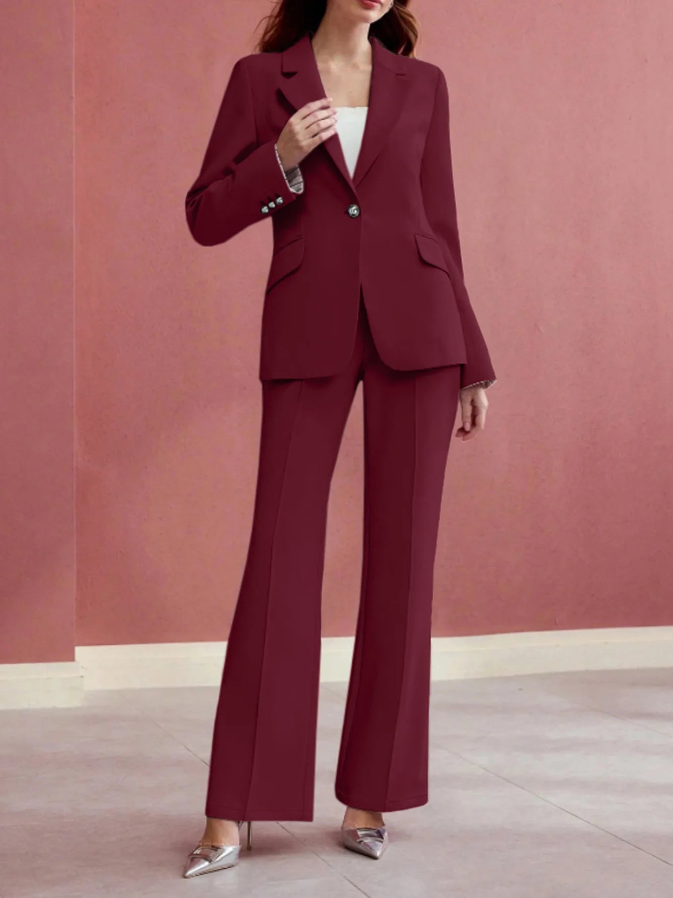 Women's Elegant Solid Color Commuter Daily Wear Peak Lapel Suit Jacket and High Waist Straight Trousers Suit Two-piece Suit