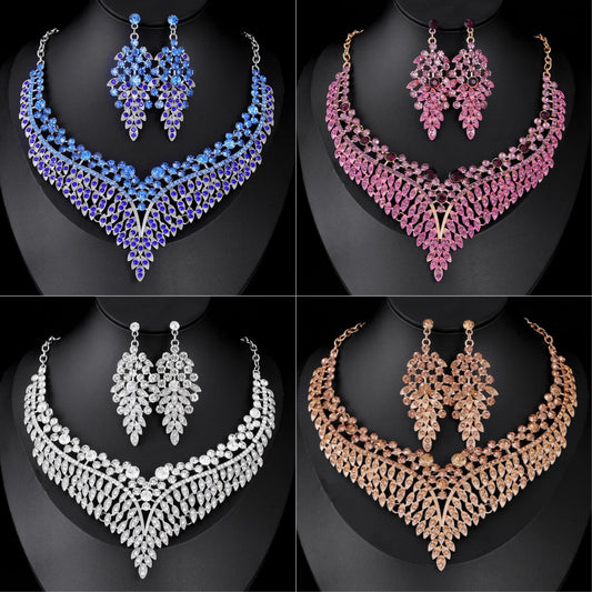 4 Color Vintage Exaggerated Crystal Necklace Shiny Rhinestone Earrings Necklace 3 Pcs Bridal Dinner Party Dress Jewelry Set Gift