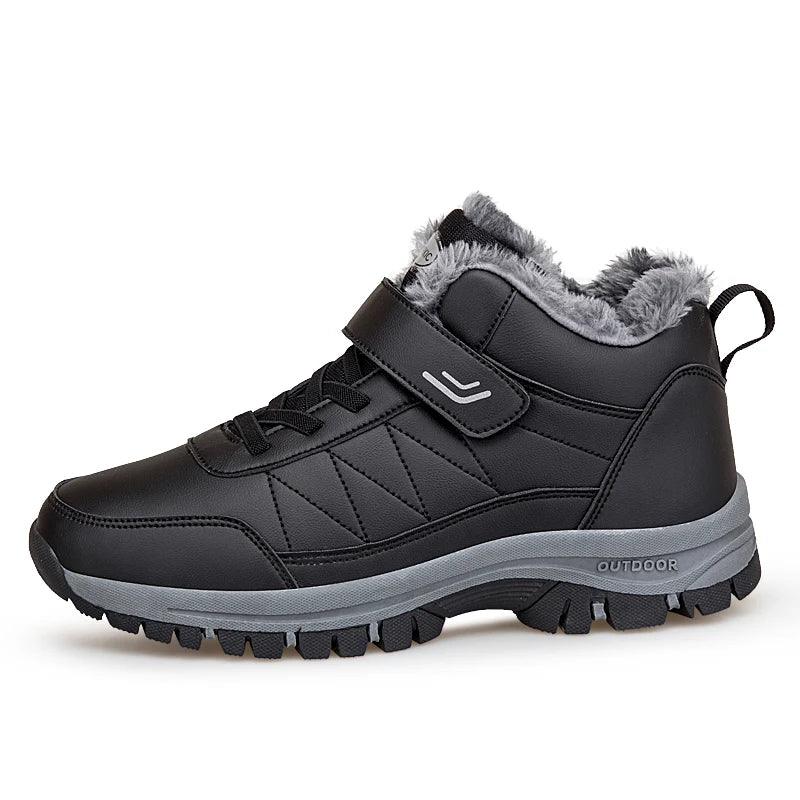 Winter Men Boots Leather Waterproof Outdoor Non-slip Hiking Shoes Unisex Men Women Warm Plush Ankle Boot Big Size 47 48