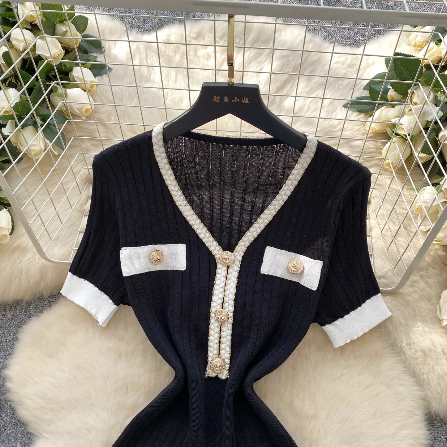 SINGREINY French Vintage Elegant Dress Women V Neck Buttons Elastic Waist Slim Fit Sundress Patchwork Mermaid Bodycon Dress