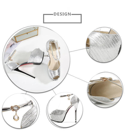 Super High Heels 14cm Fashion Wrinkled Leather Shoes Women Sandals Summer Peep Toe Sexy Platform Metal Buckle Female Pumps Party