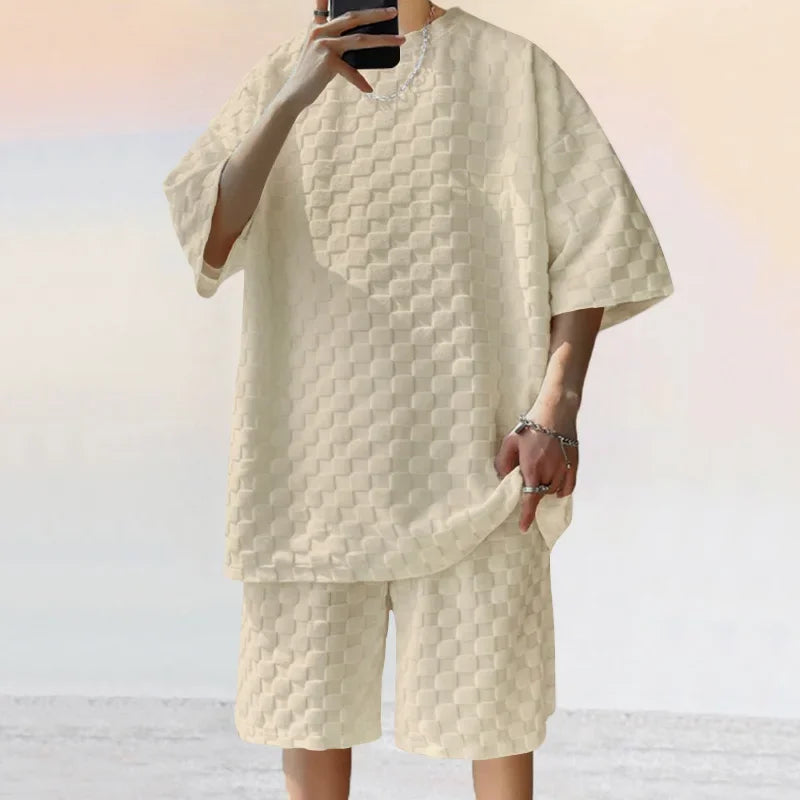 Men's Summer Checkered Loose Two-piece Sports Leisure Suit Short Sleeve T-shirt Shorts Casual Suit Plus Size Fashion Men's Suit
