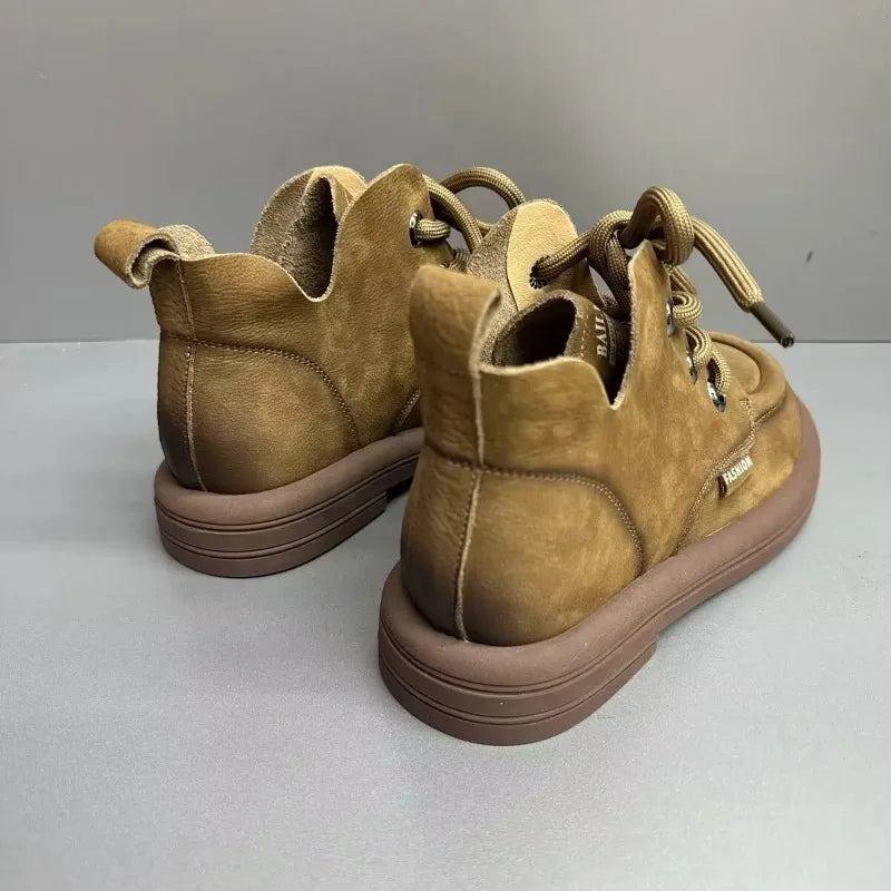 Flat Shoes Women's Genuine Leather Round Toe Stitched Lace Up Thick Sole Women's Low Heel Shoes Handmade Large Size