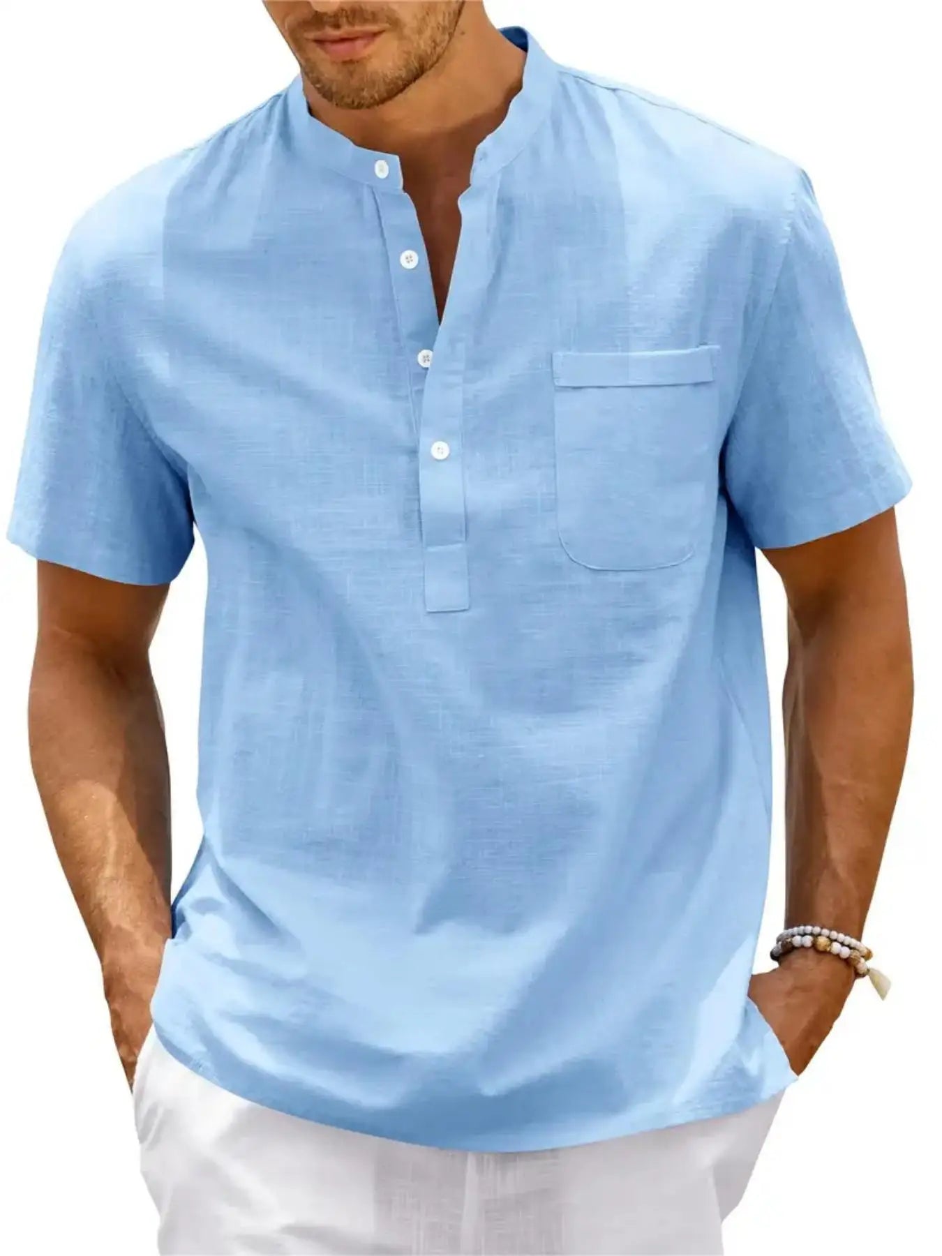 Men's Plus Size Cotton Linen Shirt with Pocket Casual Polo Shirt  Short Sleeve Shirts  Summer Lightweight Beach Tops